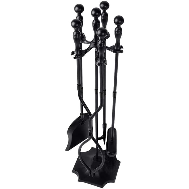 AMAGABELI Ensemble d'Outils de Cheminée de Jardin et Maison 5 Pcs Poignée Noire Grand Ensemble d'Outils de Feu et Support pour Foyer Extérieur
