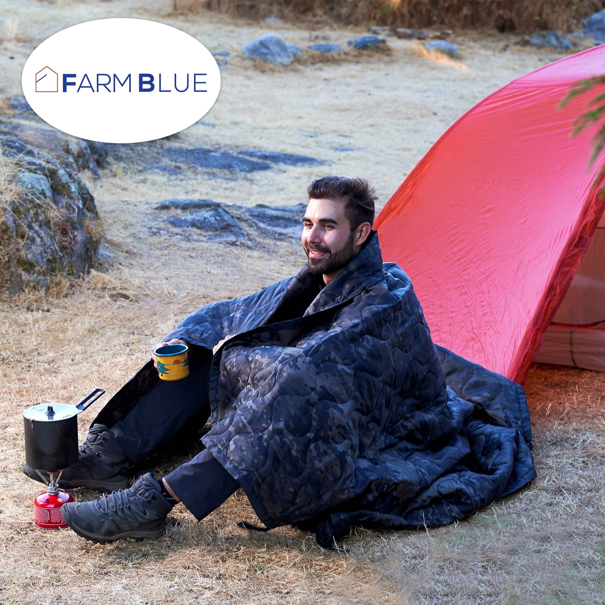 Farm Blue Camping Blankets - Light, Water-Resistant, Puffy, Travel Blanket -Camping Blanket for Hiking, Backpacking, Picnic, Beach, Car, and  Sports – 82” x 57” Survival Gear - Black Camo