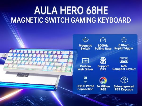 AULA Hero68 HE 60-Key Wired Hall Effect Gaming Keyboard, Magnetic Switch, RGB, Rapid Trigger and Response, Adjustable Actuation