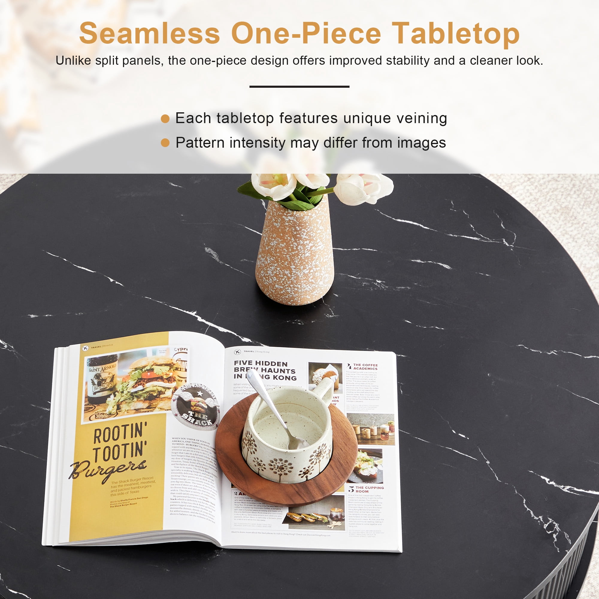 YOCWO 31.5" Lift Top Coffee Table for Living Room with Wave Base, Mordern MDF Round Coffee Table for Apartment Small Space with Marble Veneer Finish, Black