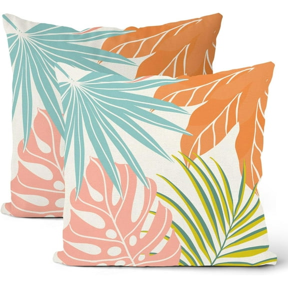 Tropical Pillow Covers 18x18 Set of 2, Colorful Palm Leaf Throw Pillow Covers Hawaiian Style Summer Tropical Leaf Decorative Cushion Case for Couch Sofa Outdoor Bedroom