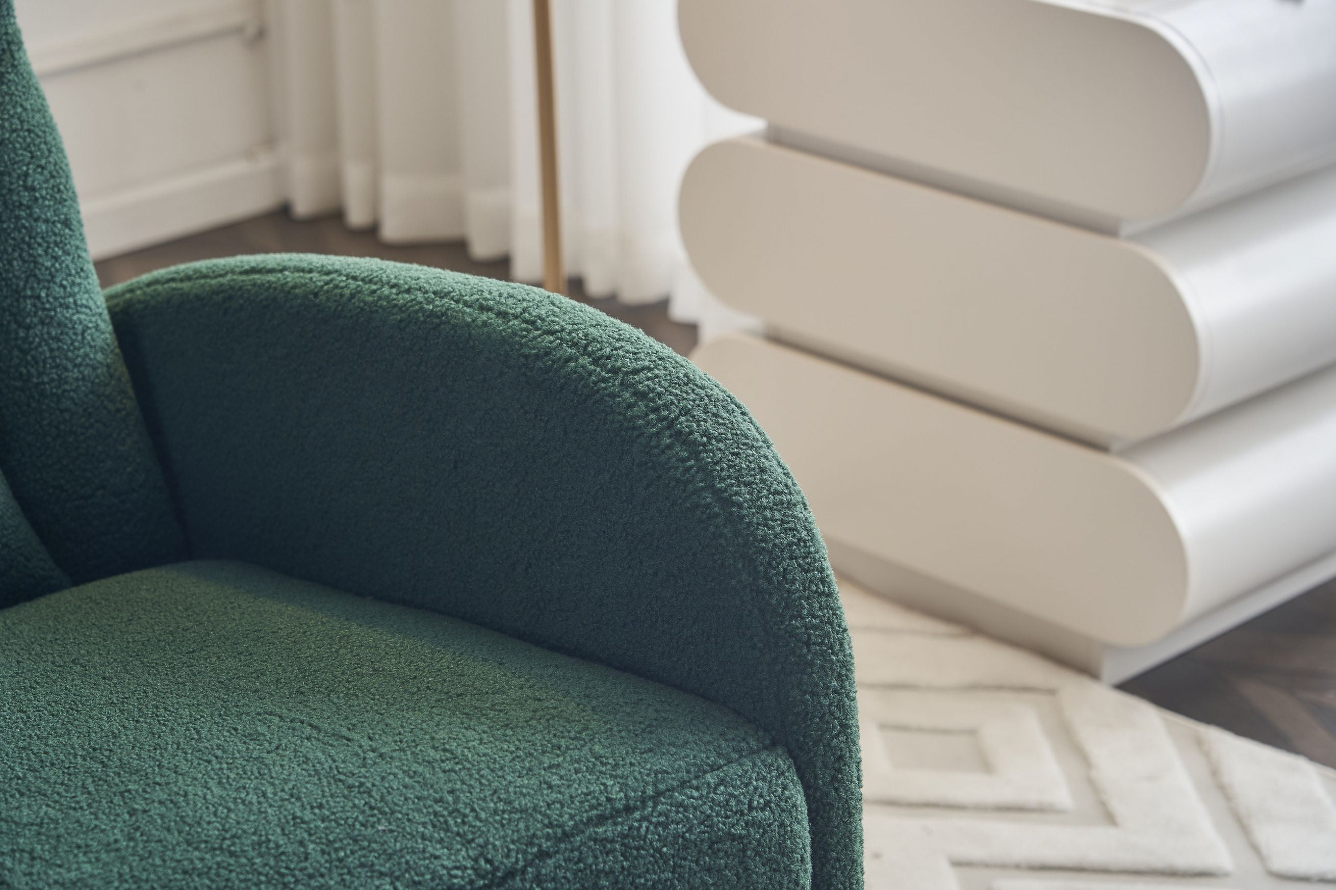 Nursery Rocking Chair with Two Side Pockets & Adjustable Footrest, Teddy Fabric Rocker with High Backrest, Modern Rocking Accent Chair for Living Room, Bedroom, Green