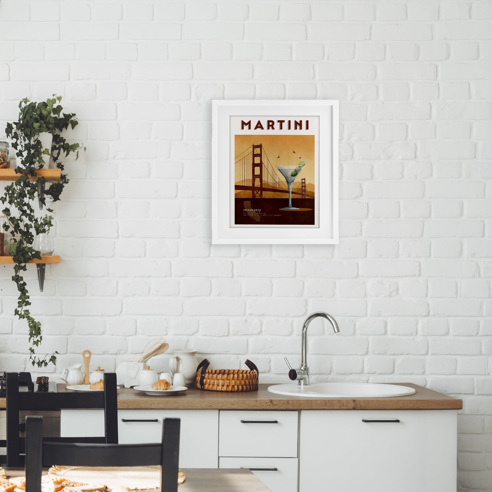 Retro Martini & Bridge View White Framed Print Under Glass, design by Brett Blumenthal