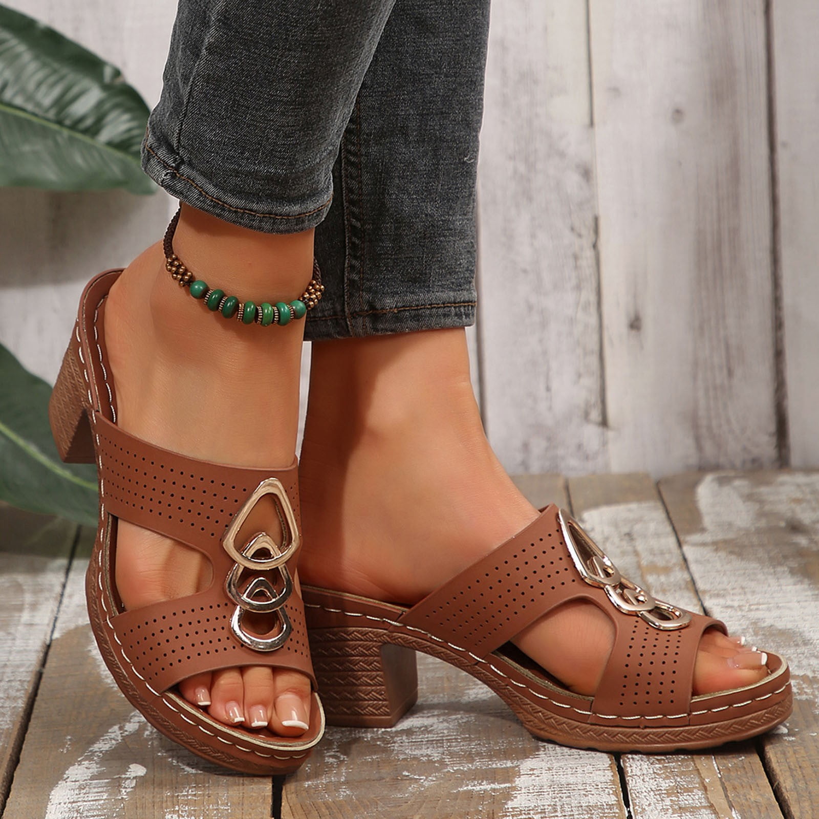 Dakaela Womens Heels Sandals Cutout Orthopedic Dressy Slide Pumps Summer Slip on Shoes Brown 9.5