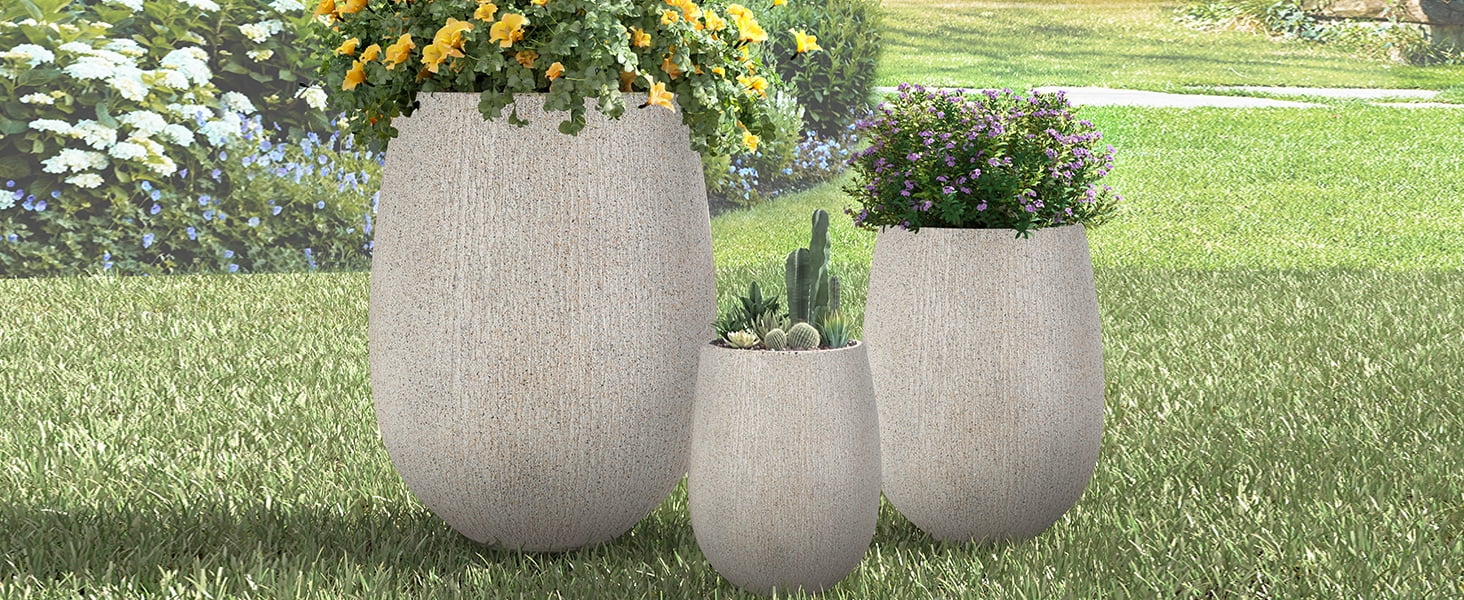 Mintazer Modern Planter Set of 3, 15.6''/10.8''/7.3'' Stackable Flower Pots with Drainage Holes, Stone-Look Textured Decorative Plant Pots for Indoor & Outdoor, Gray