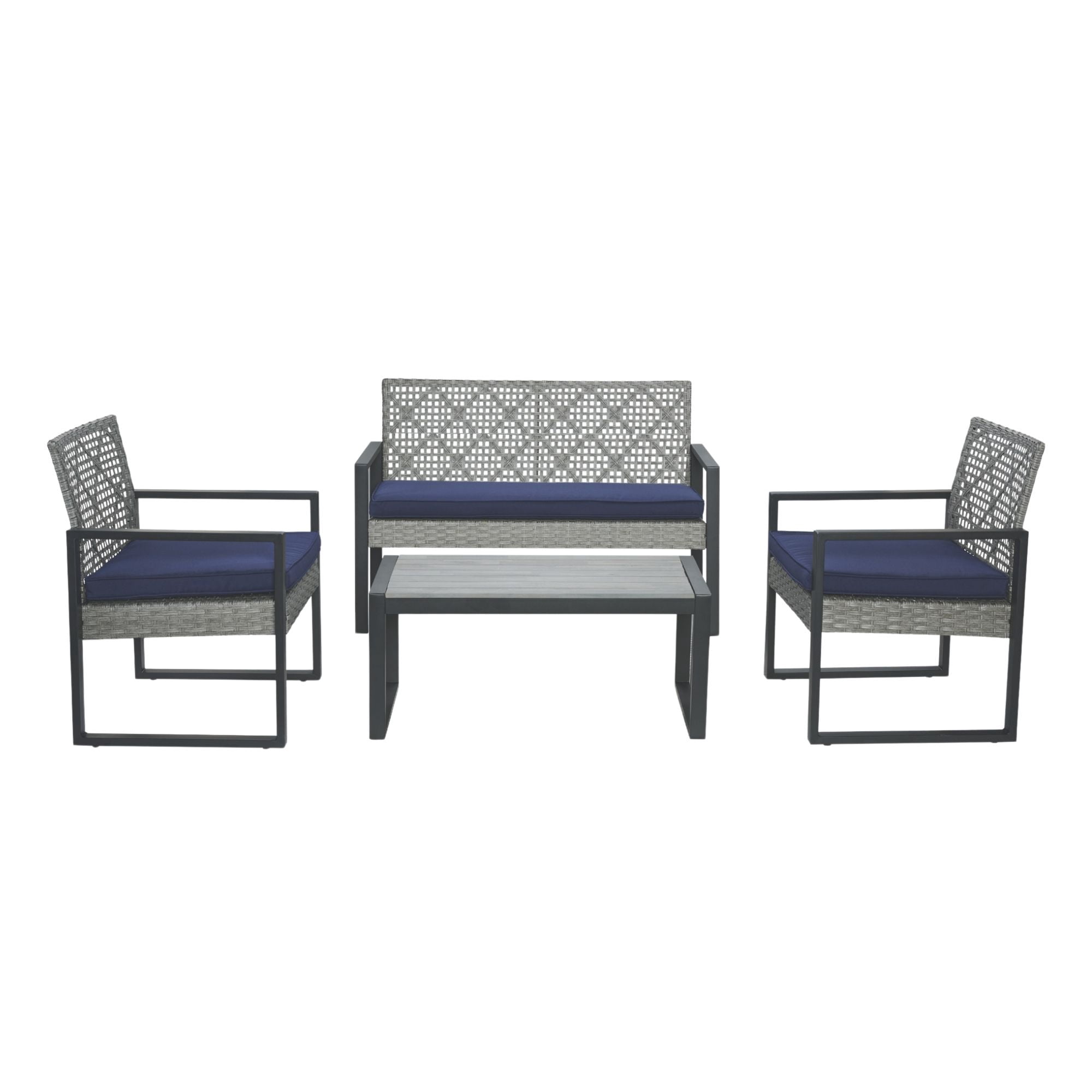 Patio Furniture Set, Outdoor Furniture, 4-Piece Conversation Set with Acacia Wood Table, PE Rattan Wicker Chairs and Waterproof Cushions, Light Gray with Blue Cushions