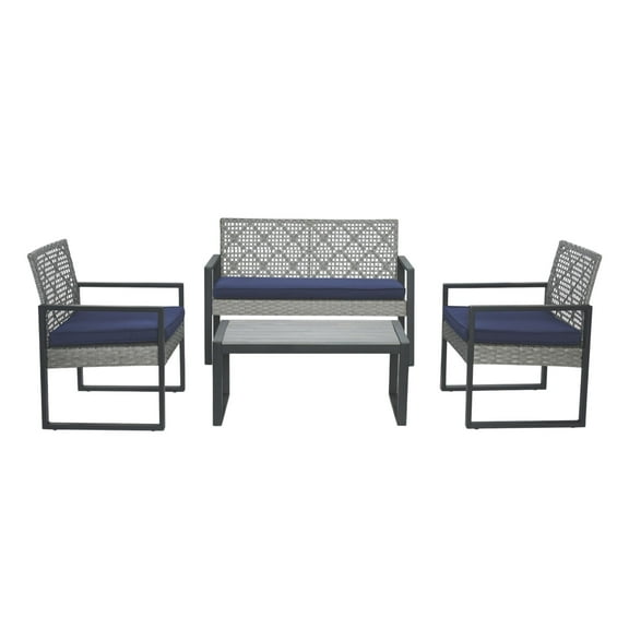 4-Piece Patio Furniture Set Outdoor Balcony Porch Garden Backyard Lawn Furniture Gray Acacia Wood Table Top, Blue Cushion and Light Gray rattan