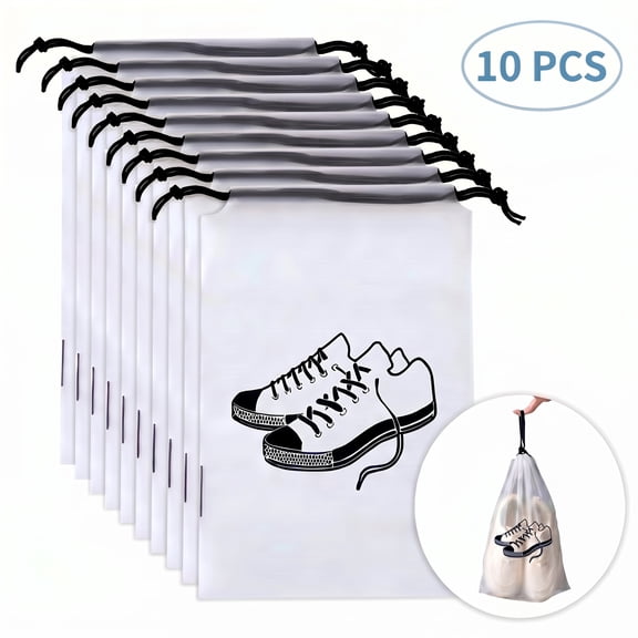 Shoe Storage Bags 10 Pack, Waterproof Reusable Travel Shoe Bags with Drawstring, Semi-Transparent Dustproof Shoe Organizers for Travel & Home, 14.2"L x 9.8"W