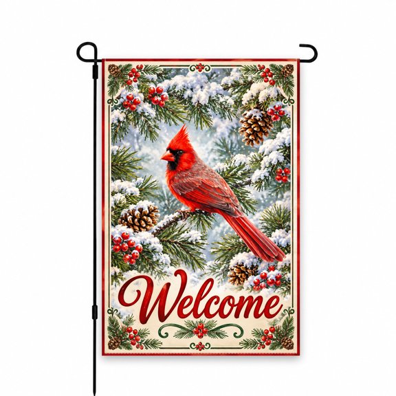 Garden Flag 12x18 Inch Cardinal Welcome Design Christmas Winter Theme with Pinecones and Snow for Yard Lawn Patio Porch Outdoor Decor