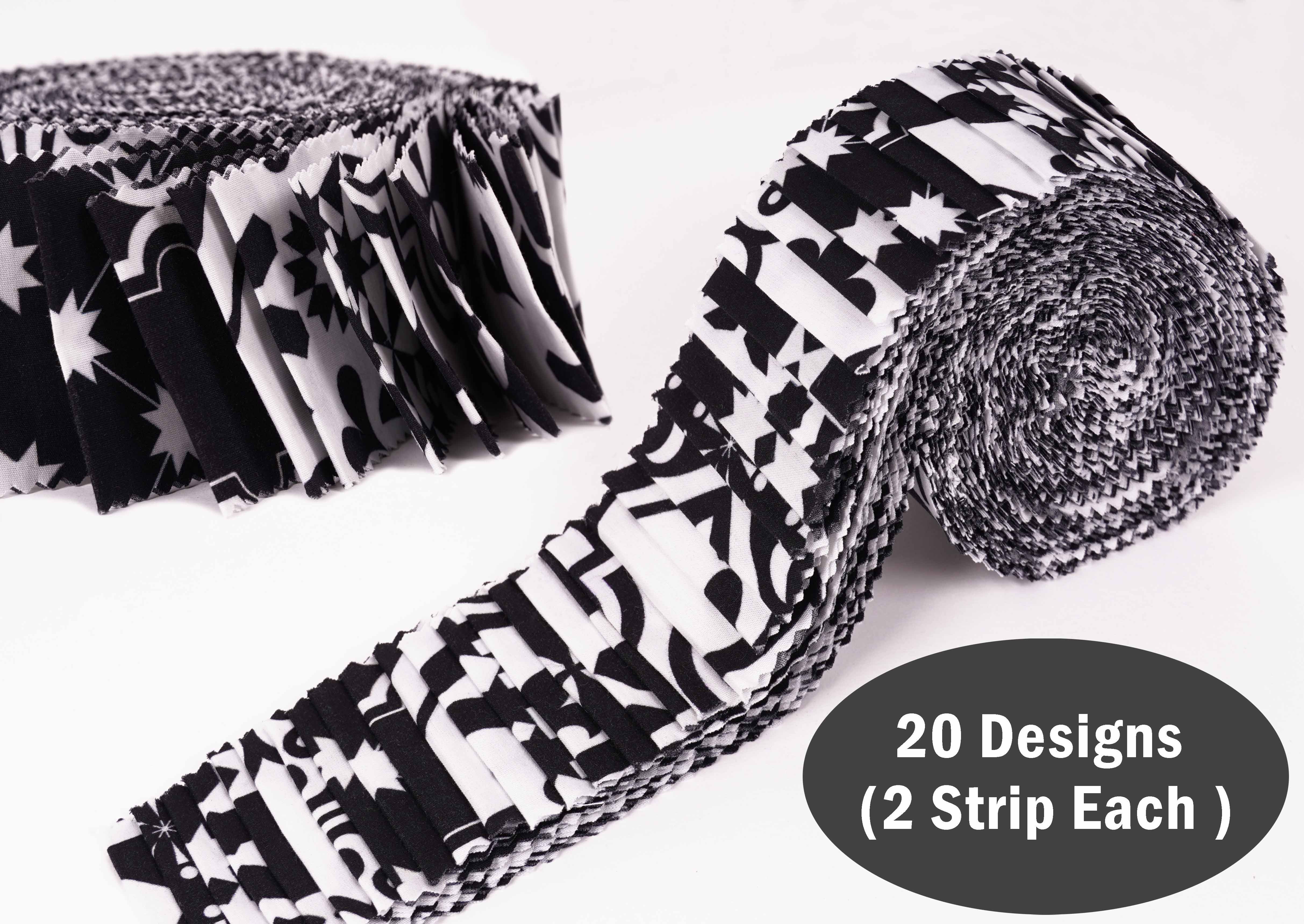 Soimoi 40Pcs Mosaic Print Cotton Precut Fabrics For Quilting Craft Strips 2.5x42inches Jelly Roll - White & Black