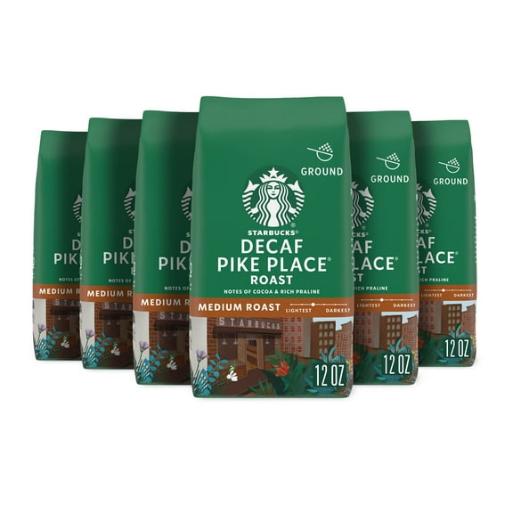Starbucks Ground Coffee, Medium Roast Coffee, Decaf Pike Place Roast, 100% Arabica, 6 Bags (12 Oz Each)