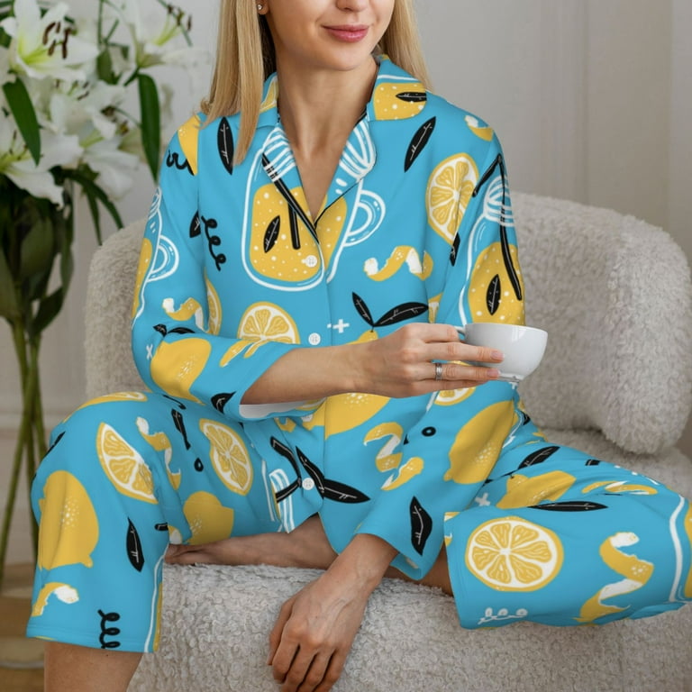 Pajamas for Women Set blue Lemon juice Soft Comfy Long Sleeve Button Up Pajama Sets for Women 2 Piece Sleepwear Nightwear Pjs Lounge Sets for Women with Pockets Walmart