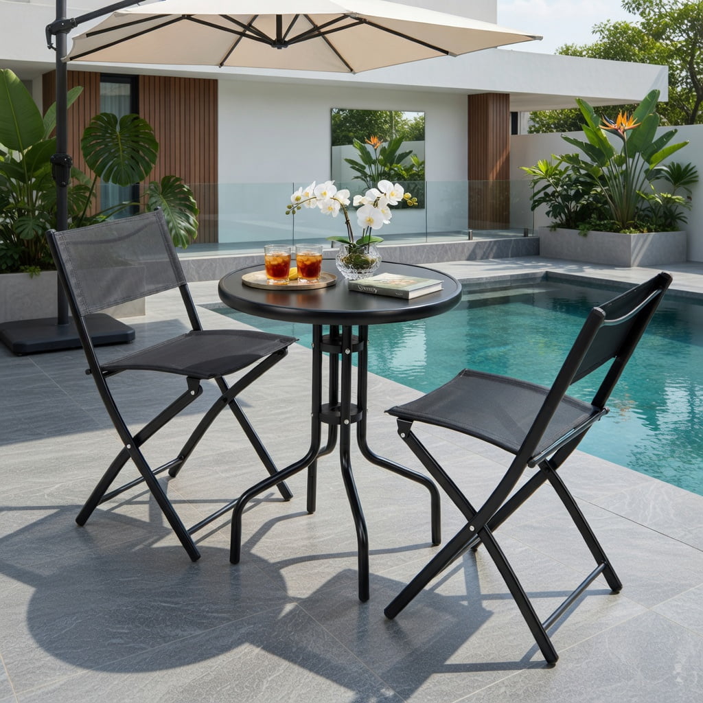 Hommoo 3-Piece Metal Folding Bistro Set, Round Tempered Glass Table + 2 Ergonomic Foldable Chairs for Patio, Garden & Indoor Use, Black