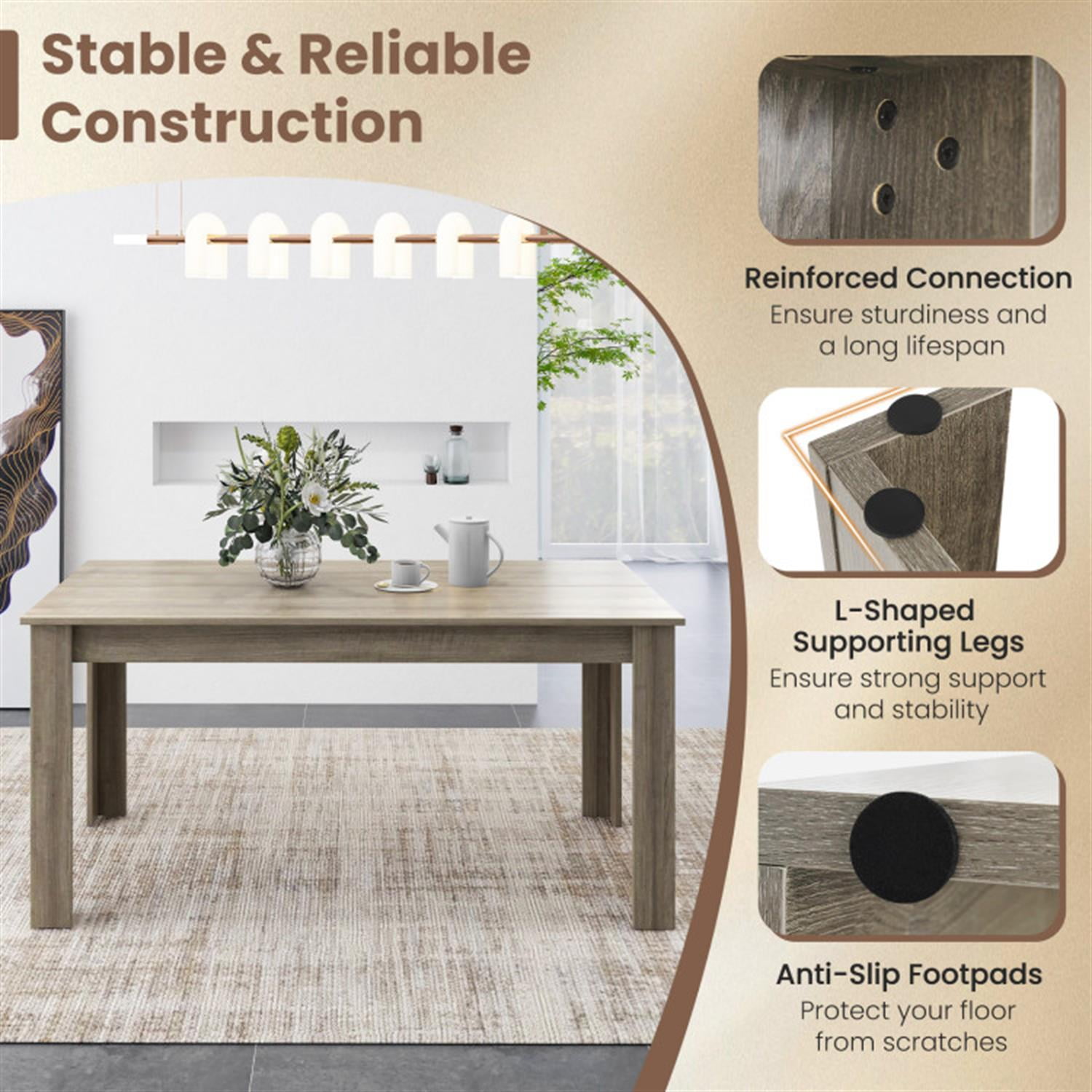 Demi Bonn 63" Modern Dining Kitchen Table for 6 People, Rectangular Dining Table Furniture for Kitchen, Dining Room, Dinette, Breakfast Nook, Light Gray