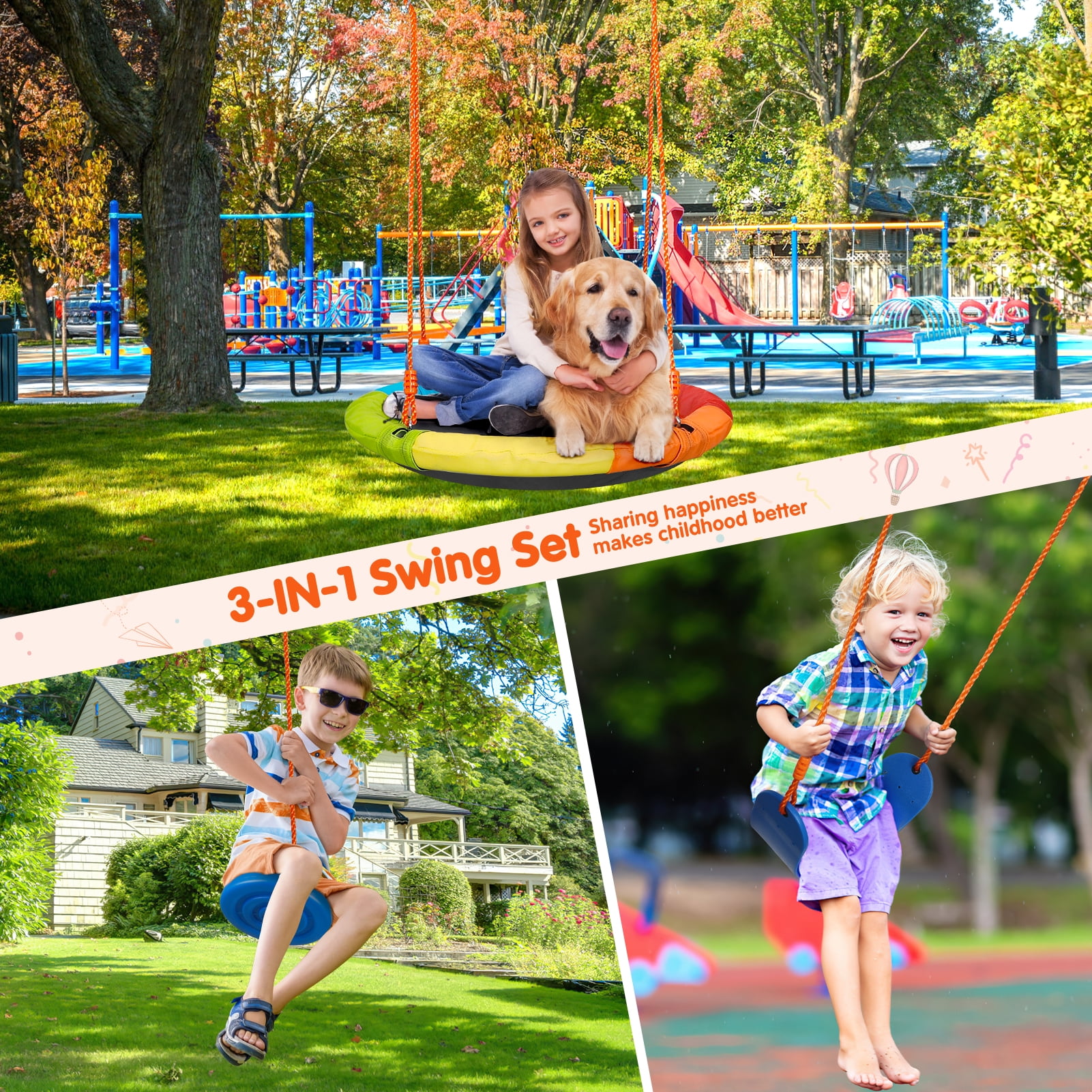 GIKPAL 3-in-1 Swing Set, 550 lbs Swing Set for Outside, Heavy Duty Metal Swing with A-Frame, Waterproof material, Adjustable Ropes Round Swing for Backyard