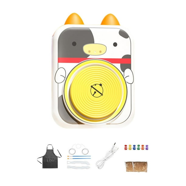 Juego de torno de cerámica eléctrico para niños, máquina formadora de cerámica con forma de delantal de mascota Vaca
