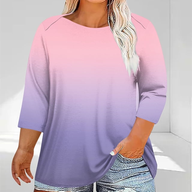 Meichang Women's Plus Size Tops Summer Gradient Print Loose Fit 3/4 Sleeve T Shirts Casual Crew Neck Tunic Top, Womens Tops Under 10 Dollar