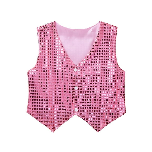 iEFiEL Kids Unisex Boys Girls Sequin Vest Top Bling Waistcoat for Jazz Stage Dance Performance Pink 150