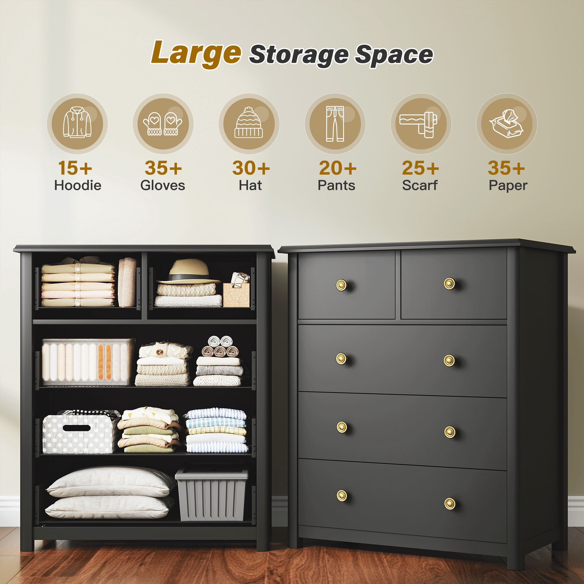 5-Drawer Wood Dresser for Bedroom,Tall Chest of Drawers Storage Cabinet for Living Room,Hallway, Office,Black