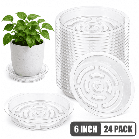Verdsoeo 24 Pack 6 Inch Clear Plant Saucers, Durable Plastic Flower Pot Trays and Plant Drip Trays for Indoor and Outdoor Plants