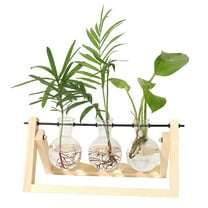 Yonrjhukm Plant Terrarium with Wooden Stand, Planter Bulb Glass Vase Metal Swivel Retro Tabletop for Hydroponics Home Garden Office Decoration, 3 Bulb Vase