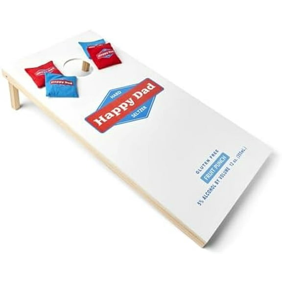 Happy Dad Cornhole Board Set, Cornhole Bags Set of 8, 2 x 4 Plywood Cornhole Boards for Yard & Outdoor Games, Portable Black Carrying Case, Collapsible Legs for Storage, White