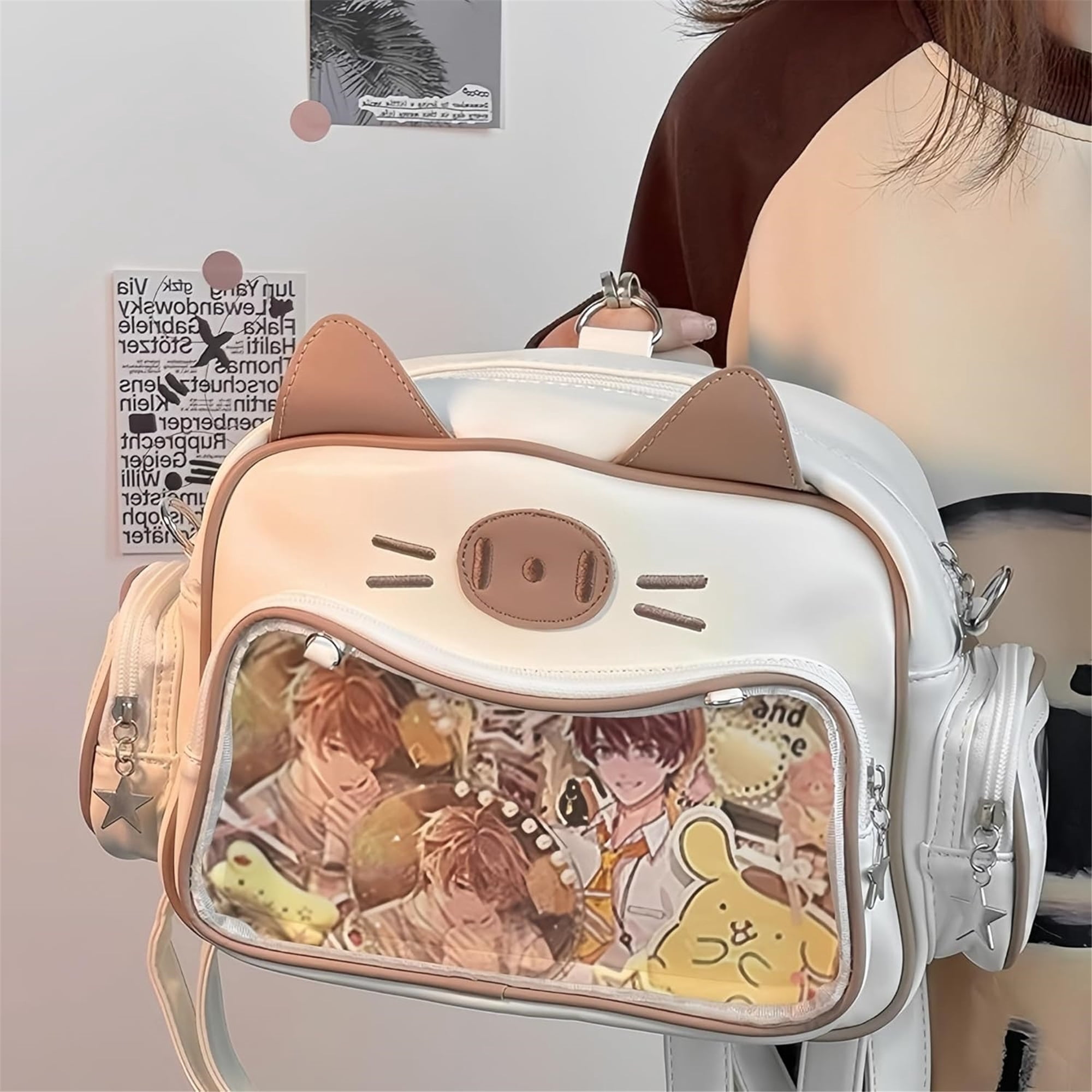 SQDWYGUO Kawaii Ita Bag Backpack with Insert Cute Cat Crossbody Shoulder Bag Big Capacity Japanese Pin Display Bag,White,outdoor