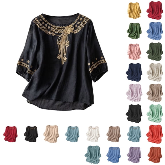 Bmisegm Womens Activewear T Shirt Womens Fashion Casual Five Linen V Neck Top Summer Embroidery Loose T Shirt Top 1 Ladies Summer Tees Black_001 M