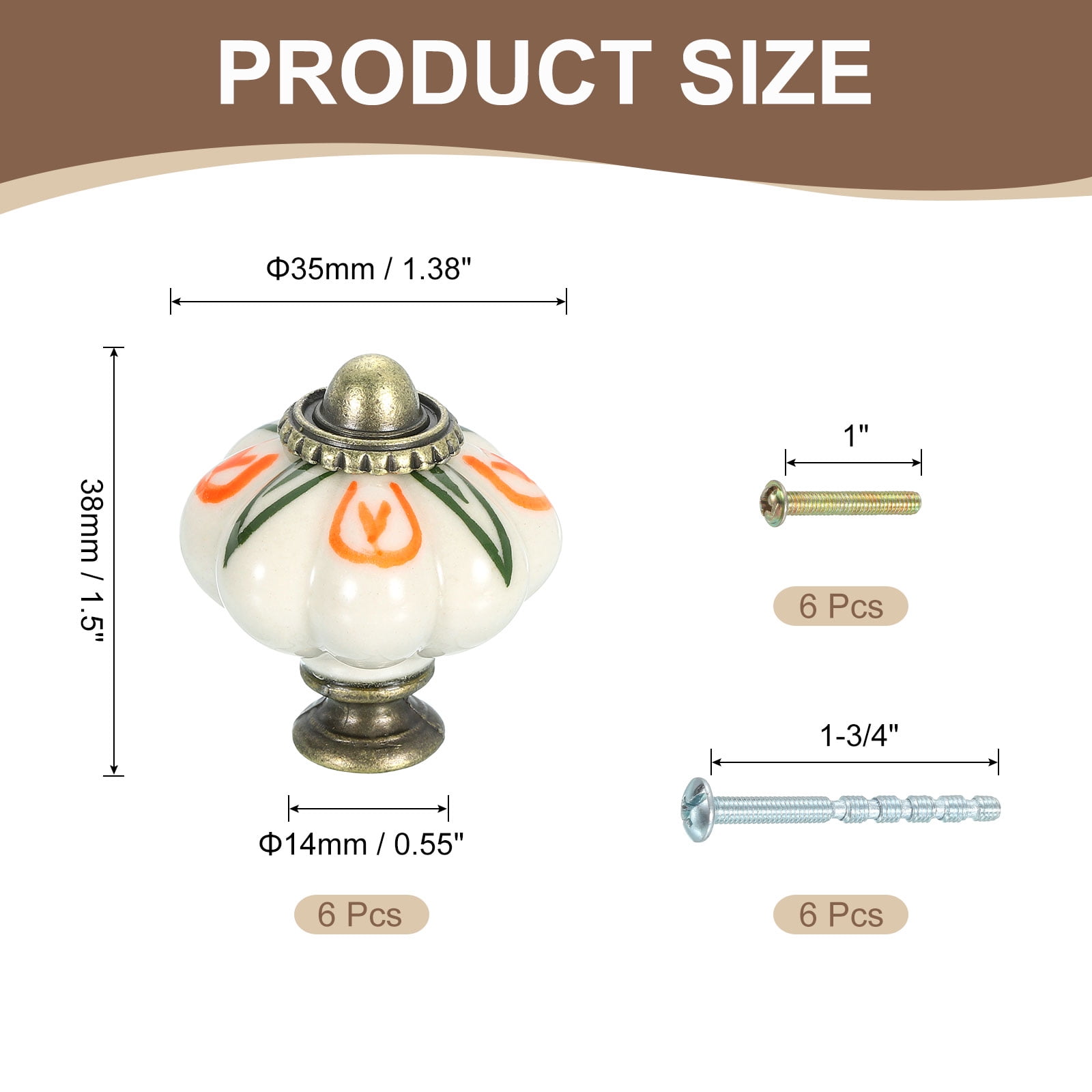 Uxcell 6 Pack Ceramic Knobs, 35mm/1.38" Pumpkin Cabinet Knob Drawer Pull Handle Vintage Drawer Knobs with Screws for Vanity Bedroom Furniture Closet, Brown Flower