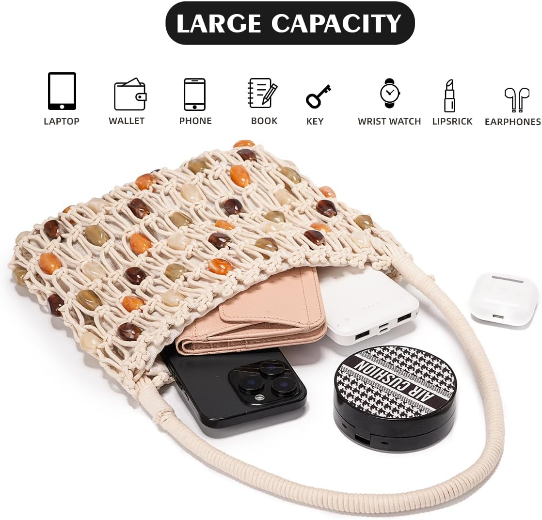 Women’s Crochet Beaded Shoulder Bag Colorful Lightweight Summer Hobo Tote