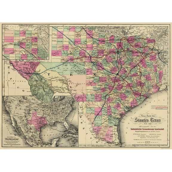 Historic State Map - Texas - Colton 1881 - Vintage Wall Art