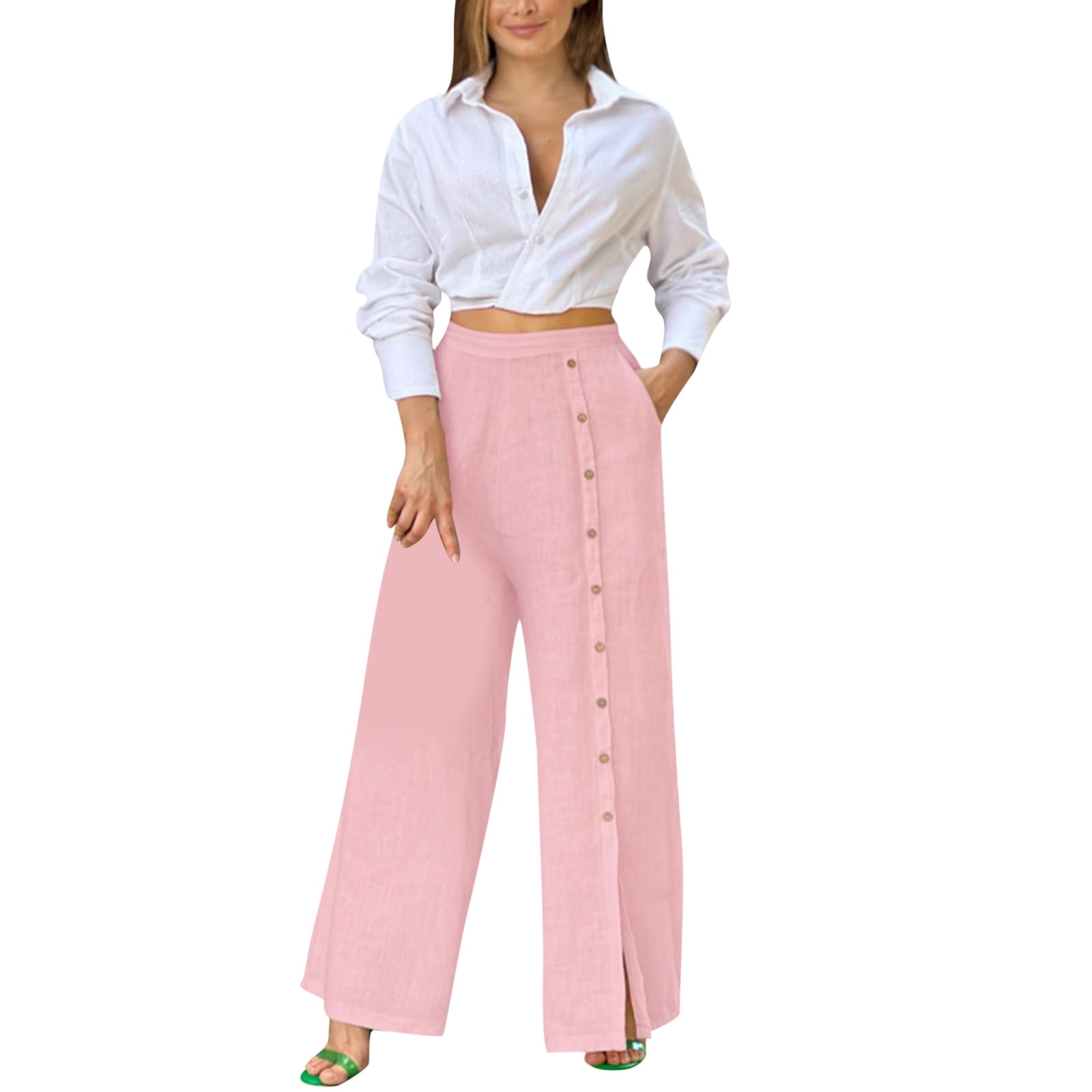 Eashery Women's Casual Linen Pants Drawstring Casual Flowy Pants Athleisure  Pant Women Pants (Print Color,Hot Pink,XL) 