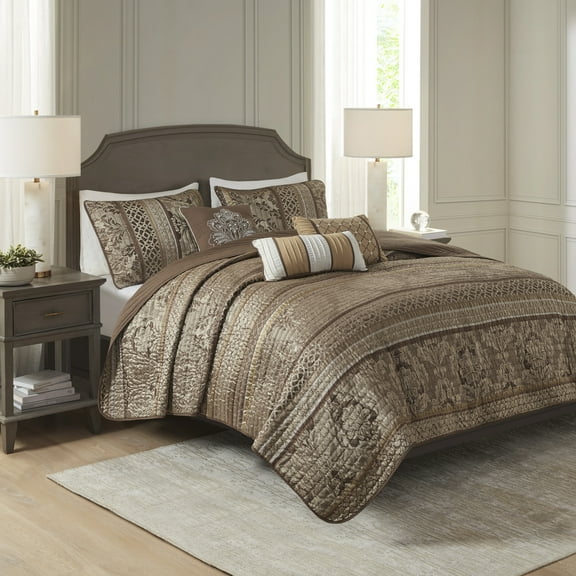 Witaxima King/Cal King 6-Piece Brown Gold Jacquard Quilt Set with Decorative Pillows, Reversible Bedding