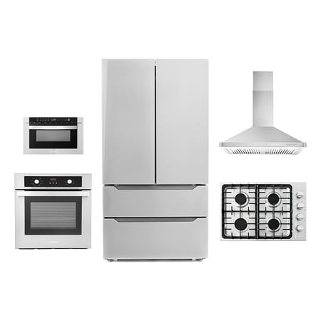 5 Piece Kitchen Package With 30  Gas Cooktop 30  Wall Mount Range Hood 24  Single Electric Wall Oven 24  Built-In Microwave Drawer & French Door Refrigerator