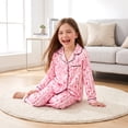 thumbnail image 4 of NIPAXO Girls Pajamas Set Long Sleeve Button-Down Pink Stripe Strawberry Bow Print Long Pants Satin Sleepwear for Kids, 4 of 8