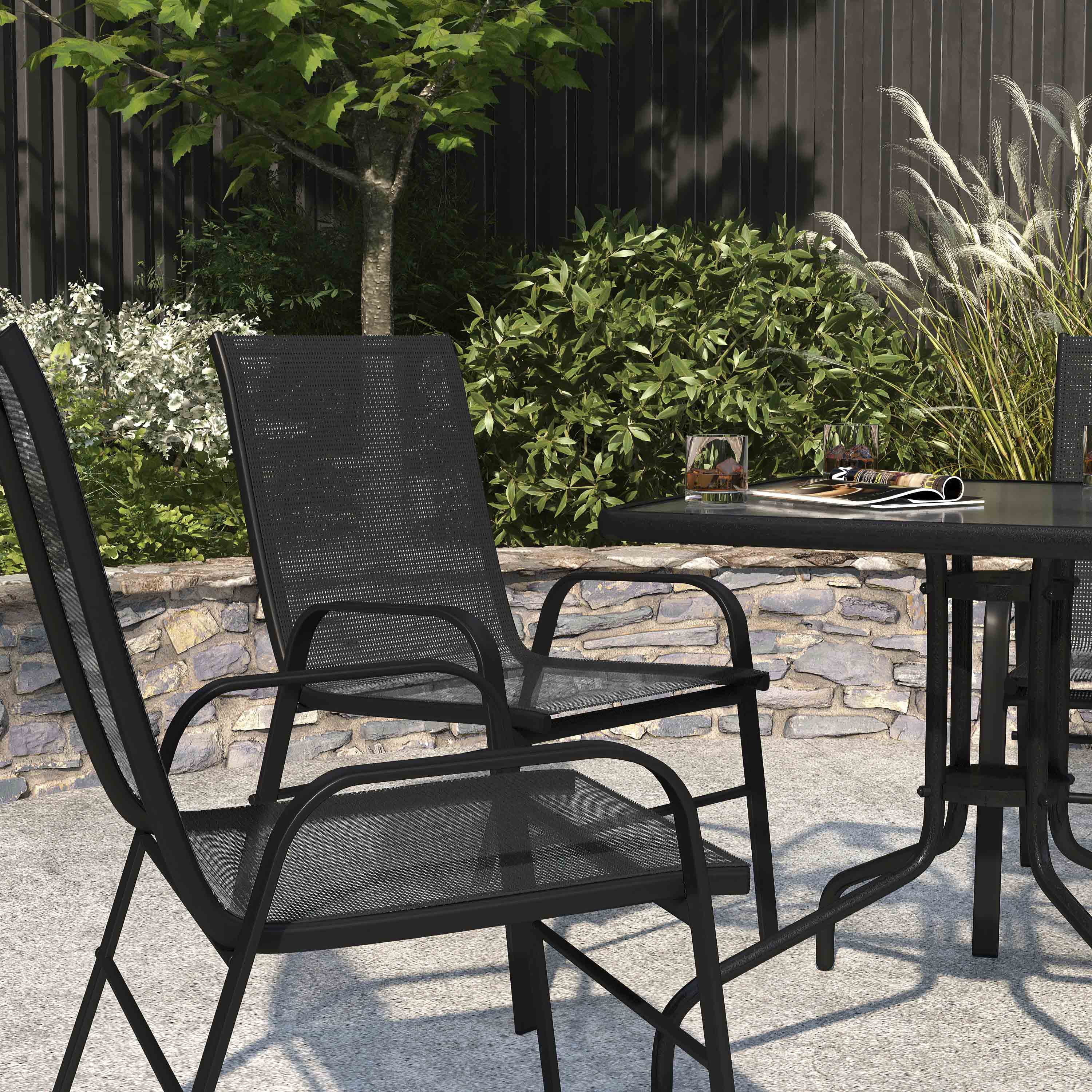 Merrick Lane Set of 4 Metal Stacking Patio Chairs with Black Flex Comfort Material