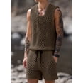 thumbnail image 5 of Men Crochet 2 Piece Outfits Mesh Sheer Tank and Shorts Summer Fishnet Shorts Set for Beach Casual Brown L, 5 of 7