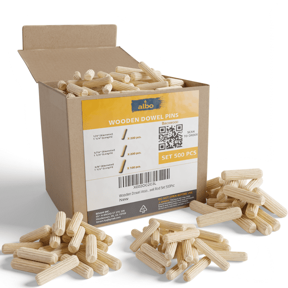 ALBO Wooden Dowel Pins 500 Pack Assorted Sizes 1/4 5/16 3/8 inch