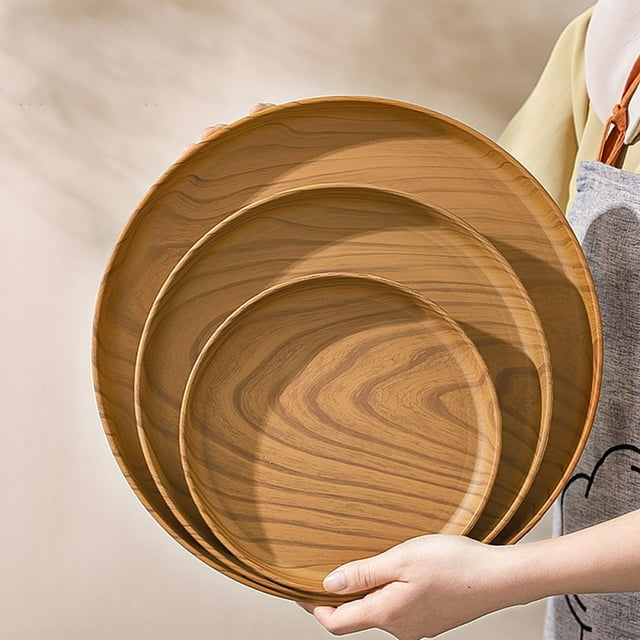 Three Piece Set Round Imitation Wood Grain Tray, Multifunctional Plastic Kitchen Tray, Tea & Coffee Storage Plate, Home & Kitchen Dining Accessory, Kitchen Table Storage Solution