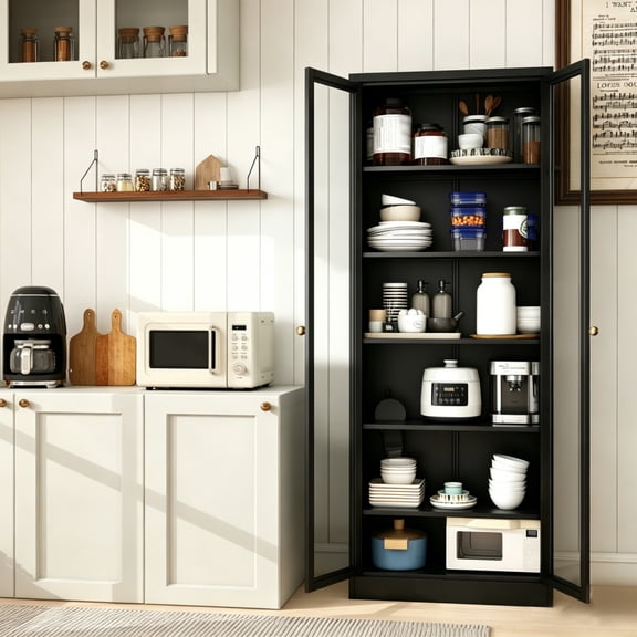 FENGFAN 72" Tall Metal Pantry Cabinet, 5 Adjustable Shelves, Glass Door Freestanding Storage, Black for Kitchen Bathroom