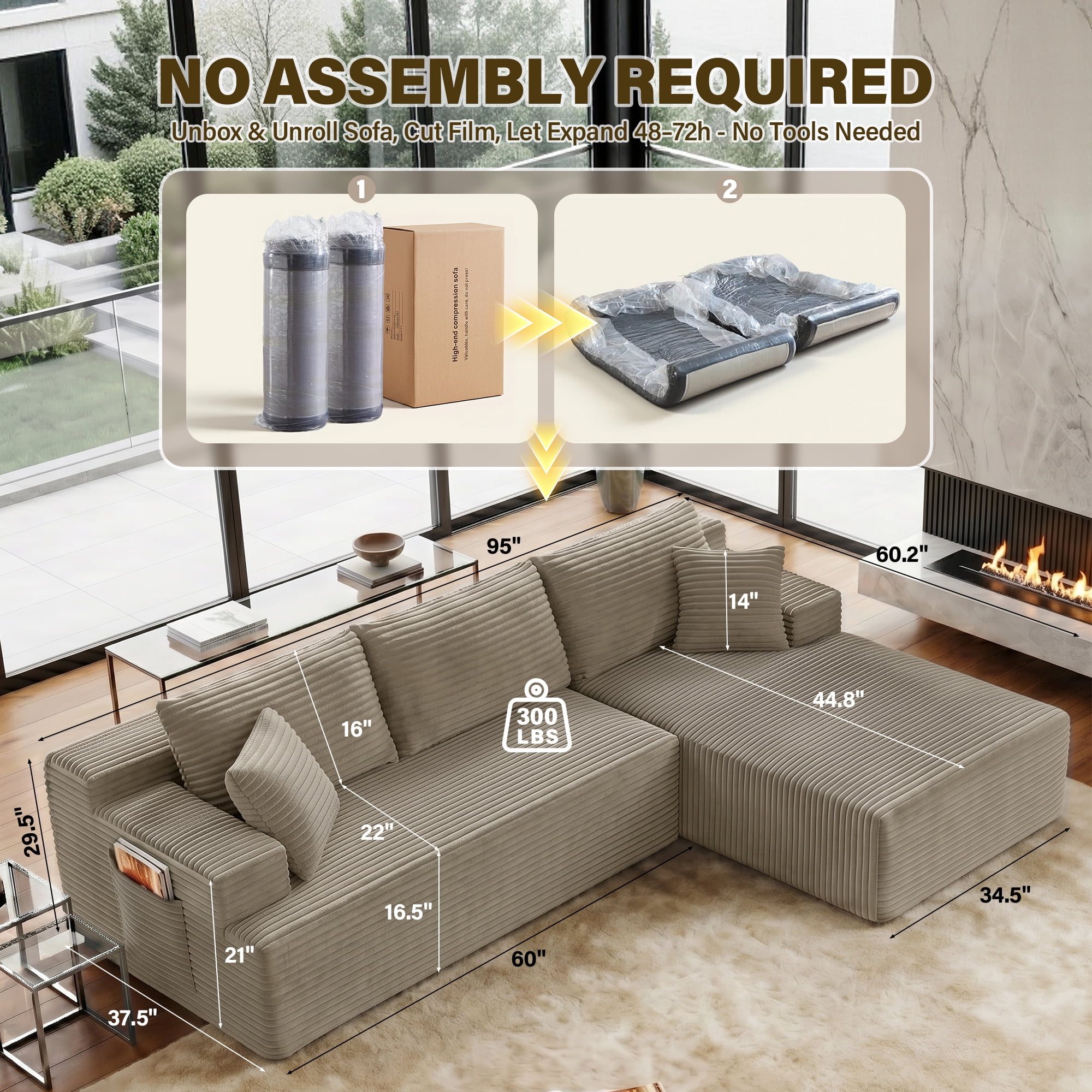 Aukfa 96" Cloud Sectional Couch, Modular L Shaped Boneless Sofa with Right Facing Chaise&2 Storage Pockets, Camel