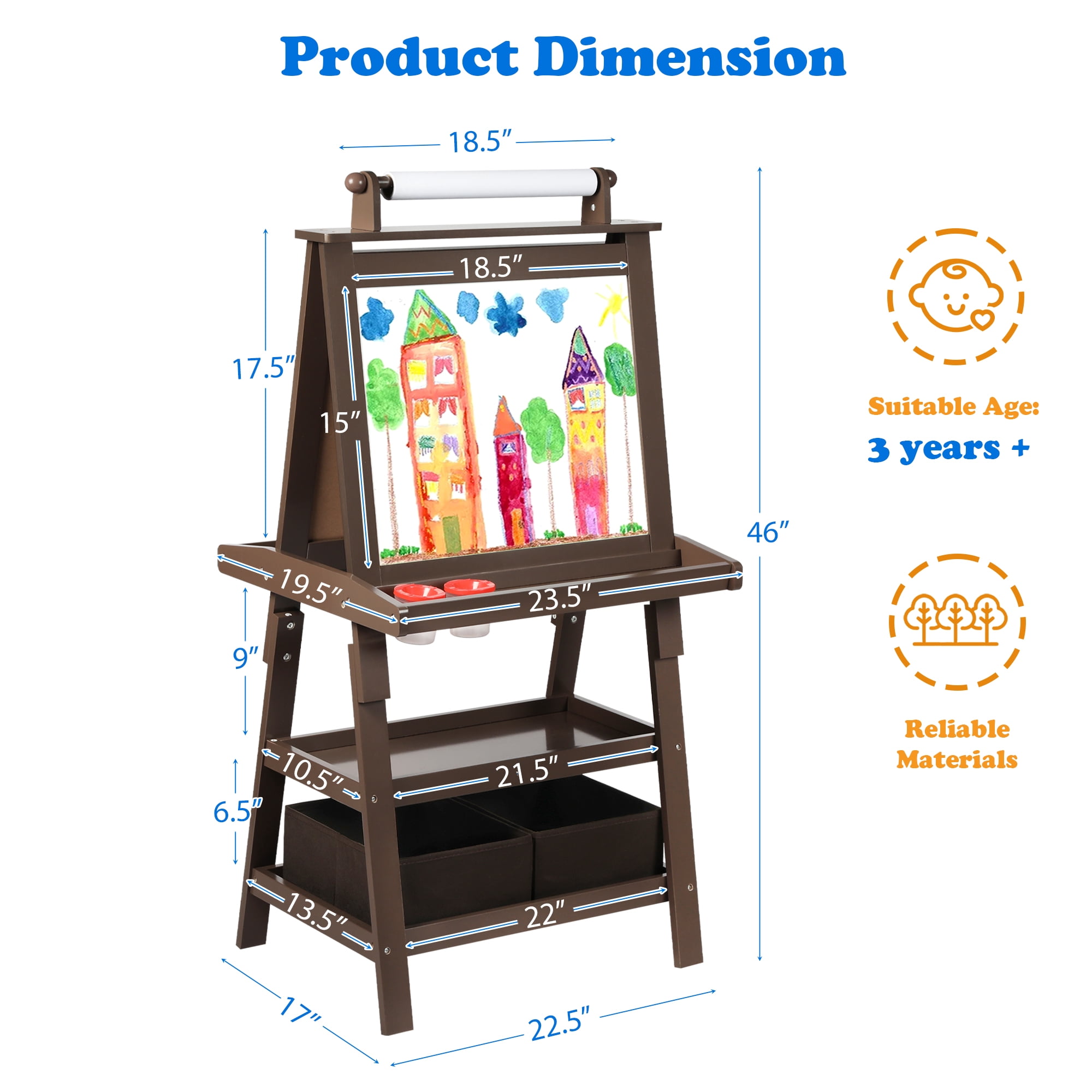 AILEEKISS 3 in 1 Kids Art Easel Double-Sided Magnetic Whiteboard Chalkboard with Paper Roller, Coffee