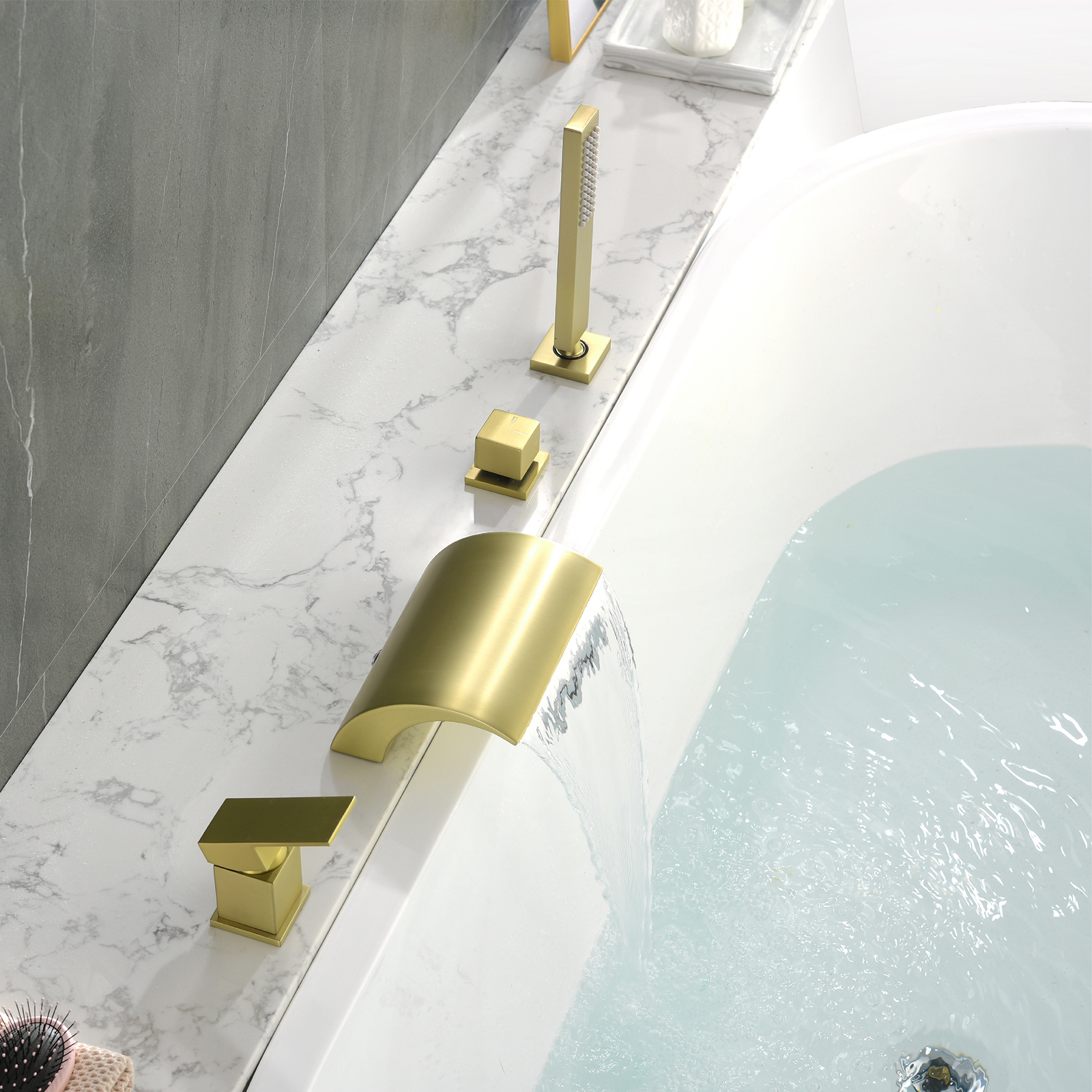 Cobbe Single Handle Bathroom Bathtub Faucet with 7.09-Inch Wide Waterfall Spout and Handheld Shower 4-Hole Mount Brushed Gold