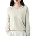 thumbnail image 2 of Women's V-Neck Hooded Knit Sweater, Soft Ribbed Pullover with Cozy Fleece Lining, Winter Warm Layering Piece for Casual Daily Wear, Comfortable Streetwear and Cold Weather Protection Beige L, 2 of 4