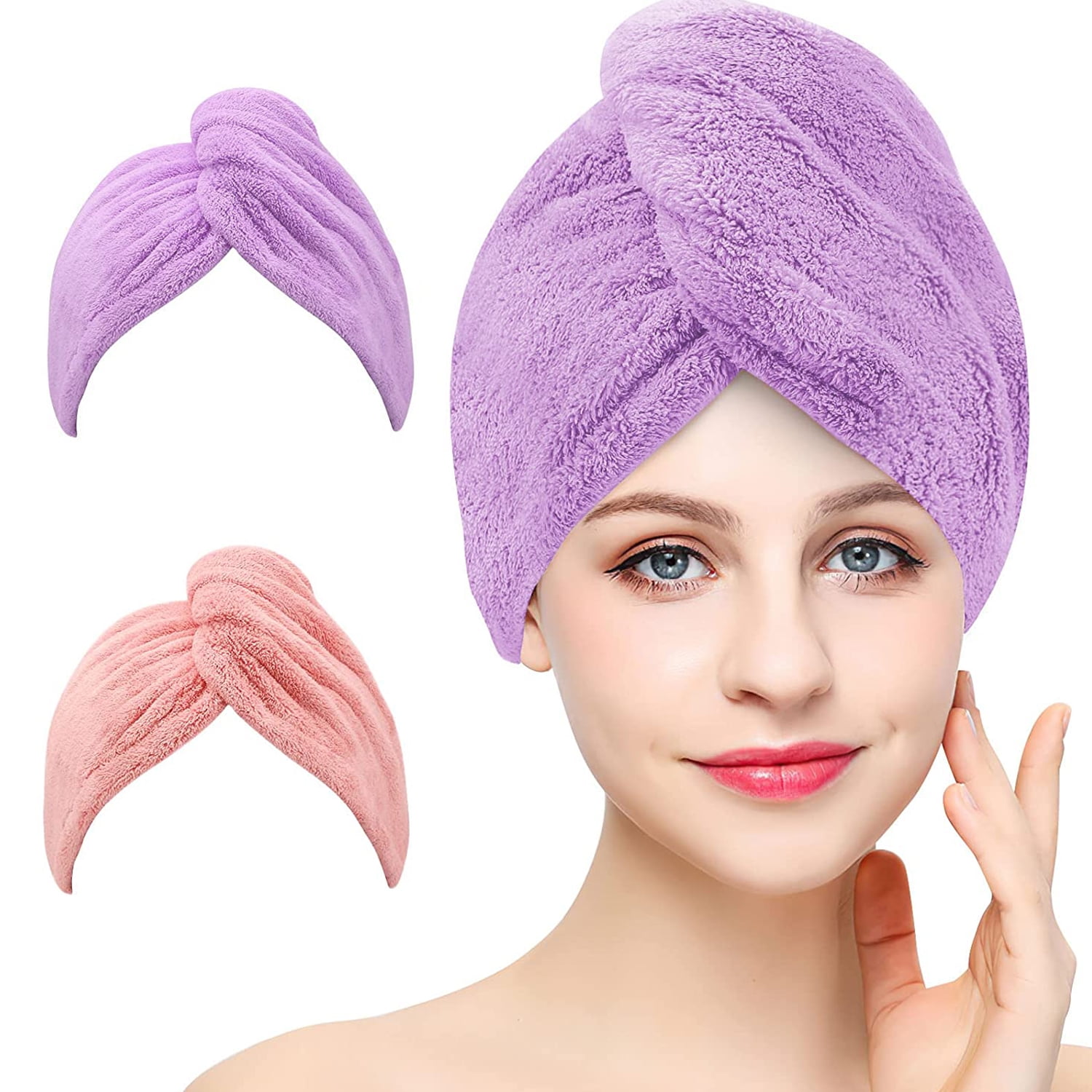 Coral Fleece Microfiber Hair Towel Wrap, 2 Pack Super Absorbent Quick Dry Hair Twist Turban