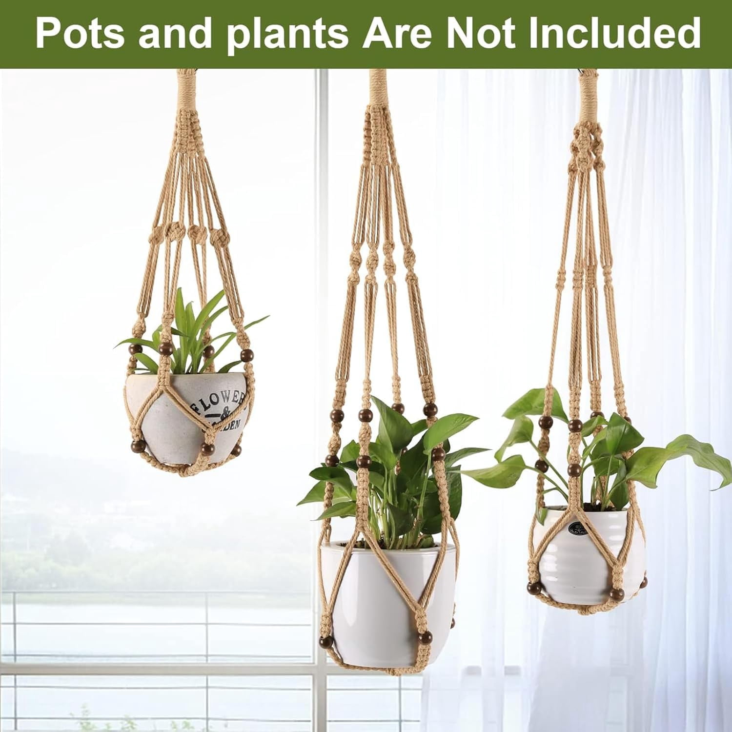 3-Pack Macrame Plant Hanger Indoor - Hanging Planter Basket for Indoor Outdoor - Decorative Boho Plant Holders Set with Beads - Ceiling Flower Pot Holder with 6 Hooks - 35"/30"/24" Linen