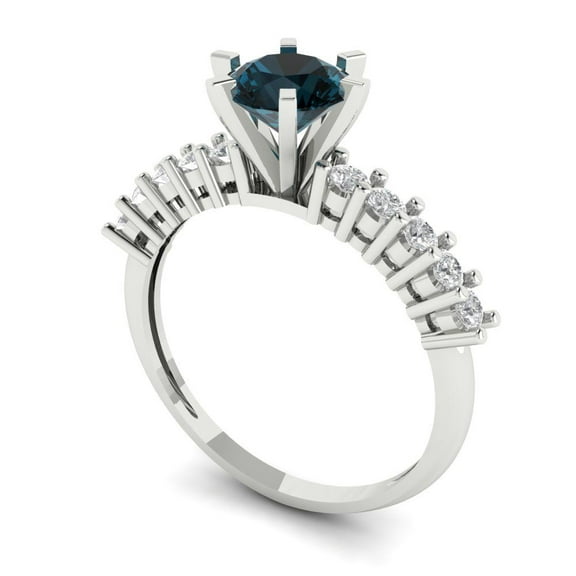 1.71ct Round Cut Blue Natural Swiss Blue Topaz 18k White Gold Engraving Statement Bridal Wedding Designer Ring Size 3.5