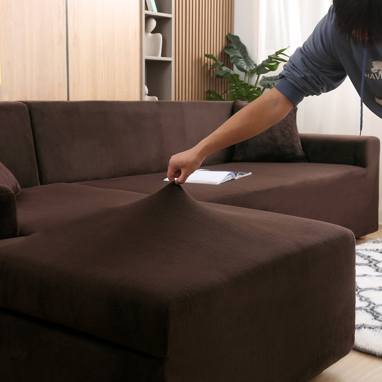 SHANNA Sectional Sofa Slipcovers Thick Velvet L Shape Couch Covers, 2Pcs Stretch Anti-Slip Sofa Covers 3 Seater + 3 Seaters Chaise Cover Furniture Protector,Brown