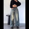 thumbnail image 4 of Pantalones Vaqueros de Pierna para Mujer, Desgastados, de Cintura Media, Estilo Vintage Y2K. Azul Nostálgico L, 4 of 8