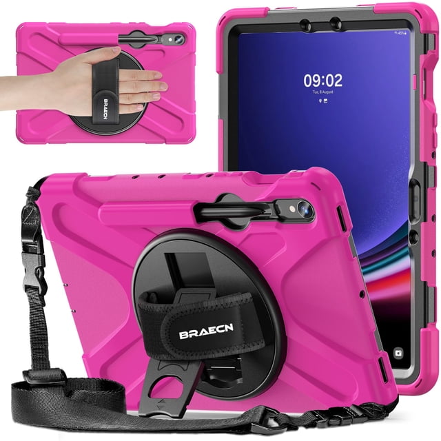 funda braencstock para samsung galaxy tab s10 fe/ s9 fe/ s9/ s8/ s7 rosa con correa de mano giratoria 360°, soporte trasero plegable, correa de hombro desmontable y portalápices; vista frontal y posterior con recortes precisos para cámara, puertos y botones. También adecuada para llevar la tableta colgada al viajar o en la escuela.
